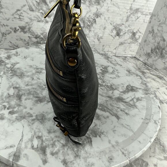 Elliott Lucca Black Leather Crossbody Brass Multi Zipper Pockets Chain Strap - Picture 3 of 10